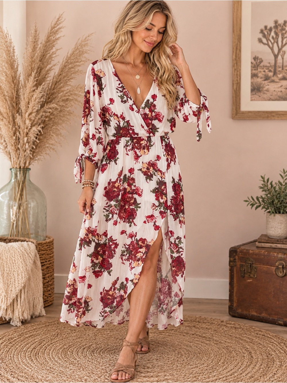 JODIFL White Maxi Dress with Pink and Burgundy Floral Print Boho Aesthetic